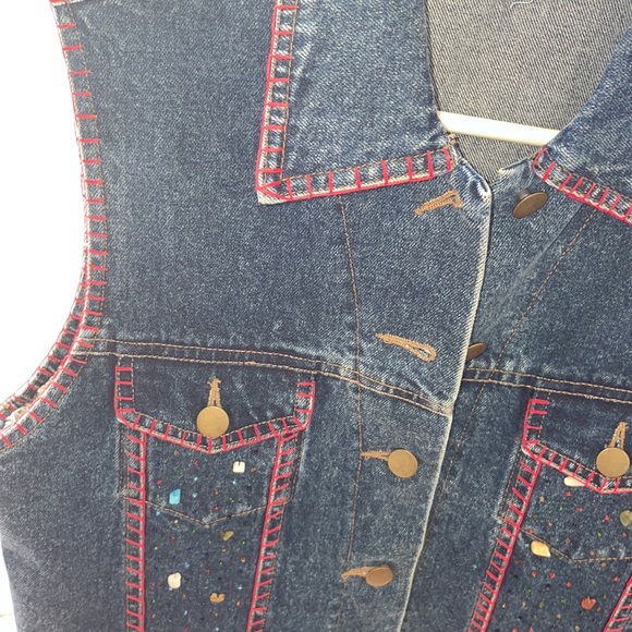 Cejon Jeans Jacket sz M Sleeveless Embellished Denim Vest Red Stitching EUC cute - Picture 13 of 17